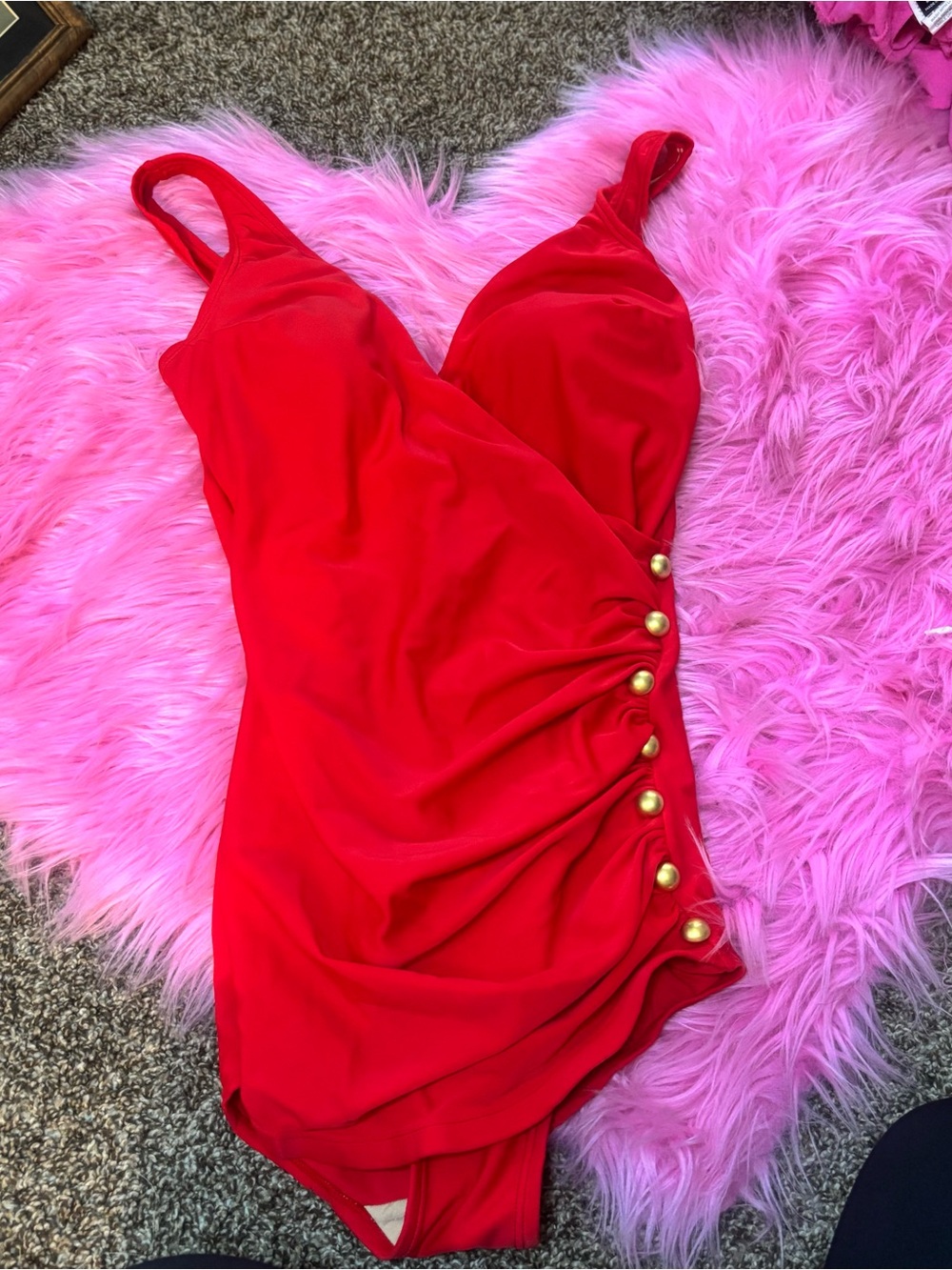 Vintage Beach Bay Red One Piece Swimsuit Gold Button Ruched Side Size 10